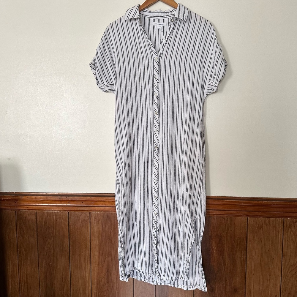 Lucky Brand Stripe Button-Down Linen Blend Midi Dress Size XS Coastal Beach